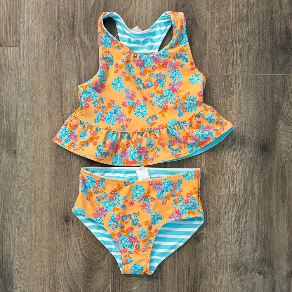 Ruffle Butts Floral & Stripes Reversible Bikini - Orange and Blue - Picture 1 of 4